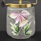 Sceau pot à biscuits verre mat fleur émaillée rose jaune vert ancien art nouveau