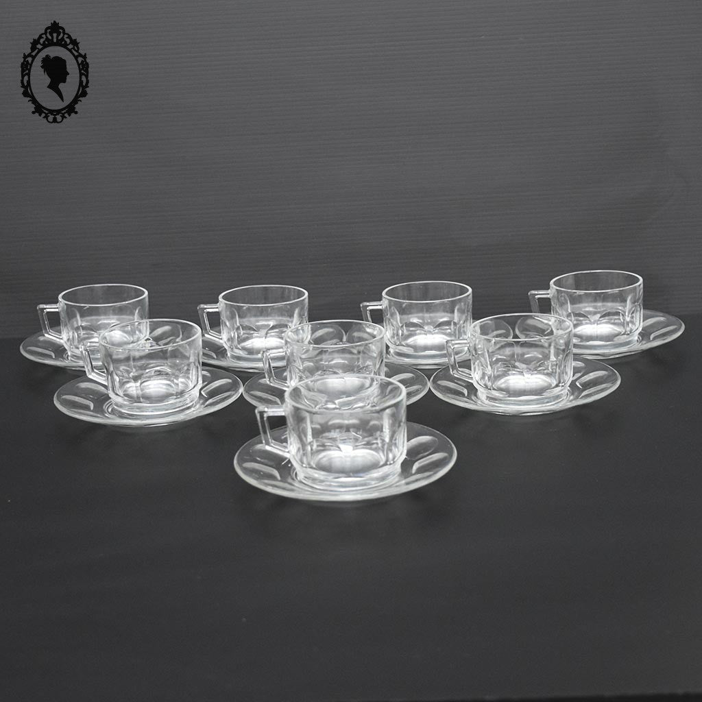Service 8 tasses et sous tasses à café Arcopal France verre blanc transparent vintage