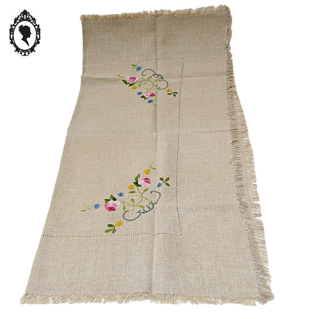Service nappe et 10 serviettes à thé café lin broderie bucolique fleurie vintage