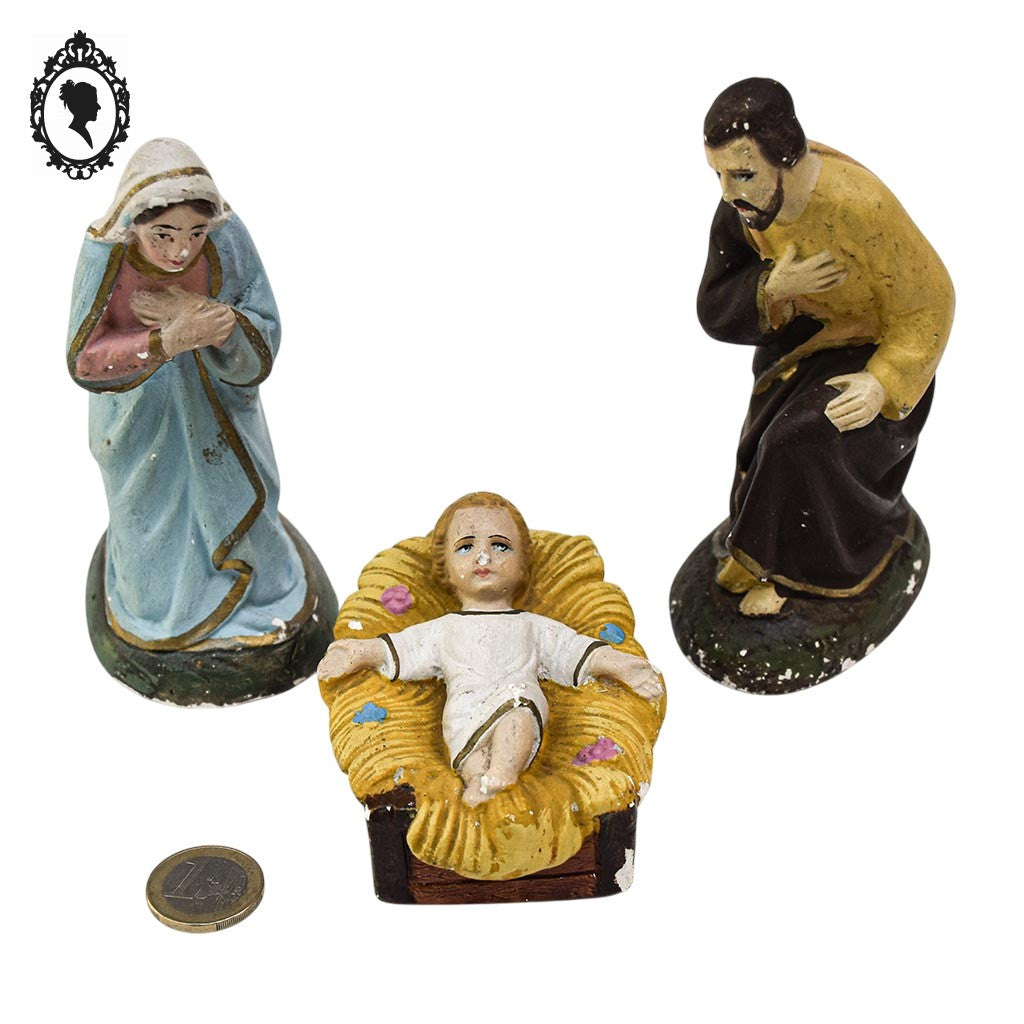 Statues religieuses 3 santons de crèche Marie Joseph et Jésus en plâtre vintage H 13 cm