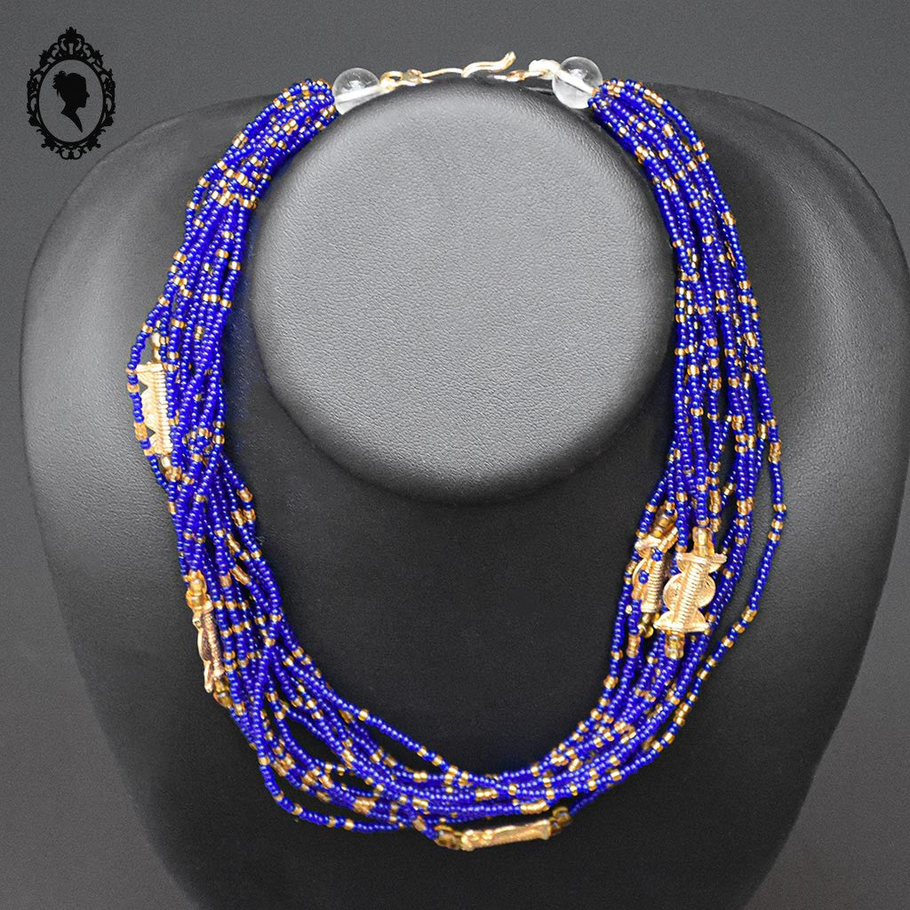 Superbe collier perles de rocaille coloré bleu doré 15 rangs vintage