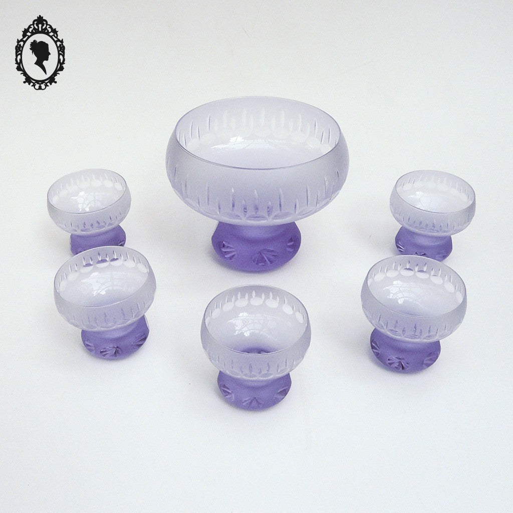 Rare service à dessert coupe et 5 coupelles en cristal violet ancien Art Déco