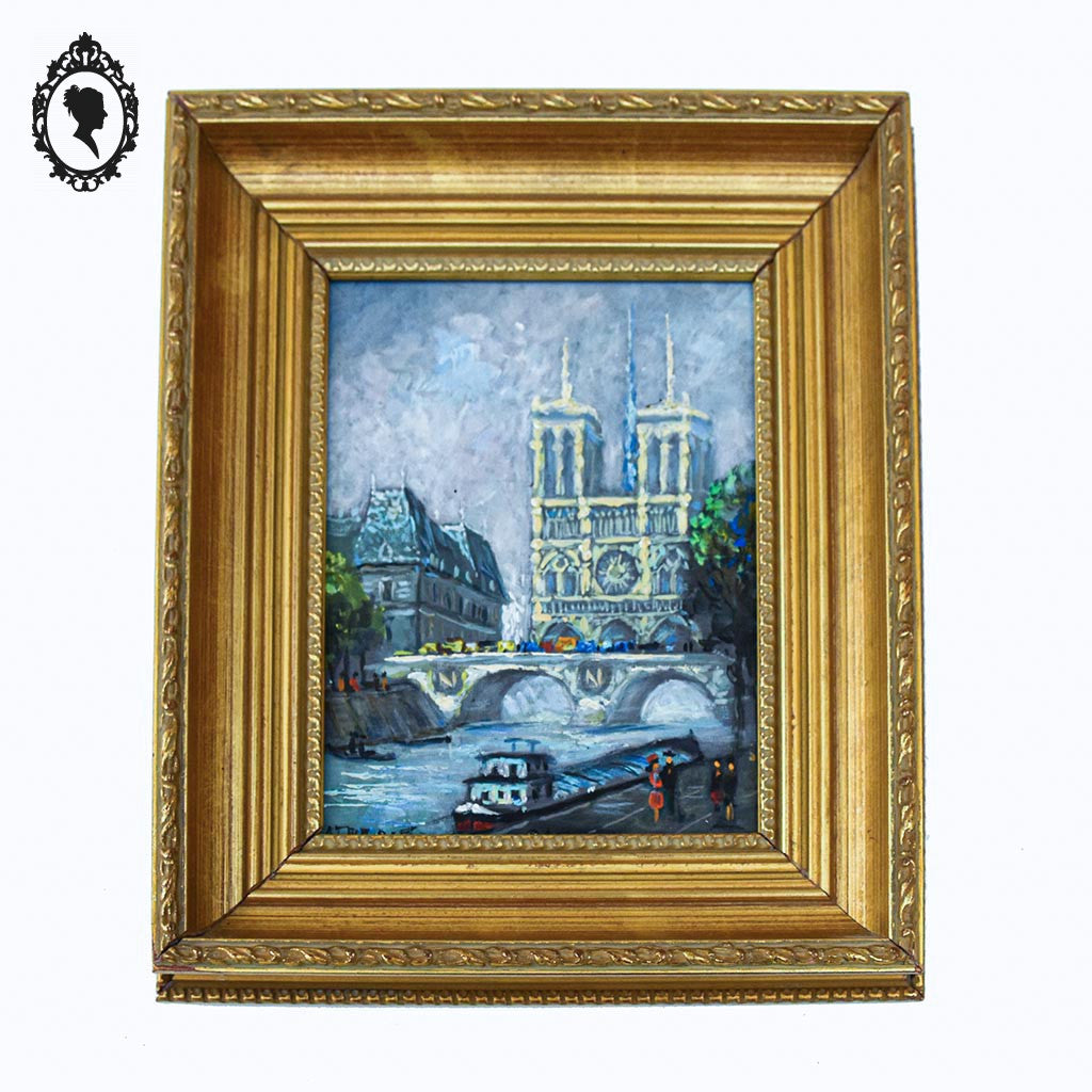 Tableau peinture à l’huile Notre Dame de Paris souvenir Montmartre 1983 18 x 14 cm