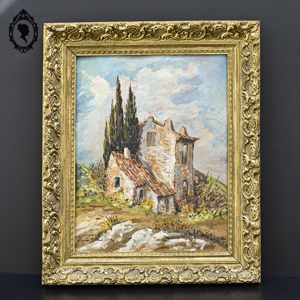 Tableau peinture à l’huile paysage mas Provence signé Guerard sur isorel vintage