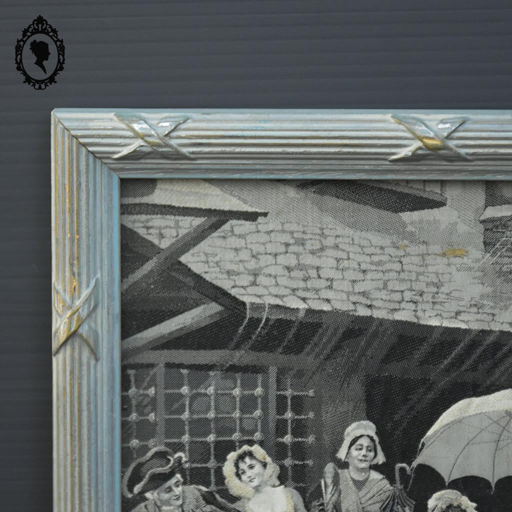 Tableau soie tissée argent scène galante sur tissu signé PEREZ vintage ⋆ Brocante Chic