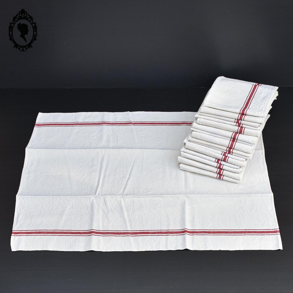 Torchon lin blanc cassé à liteau rouge vintage ancien