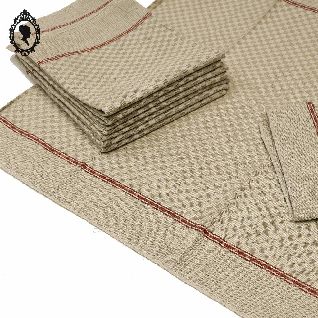 Torchon tramé pur fil de lin beige à liteau rouge ancien et Neuf