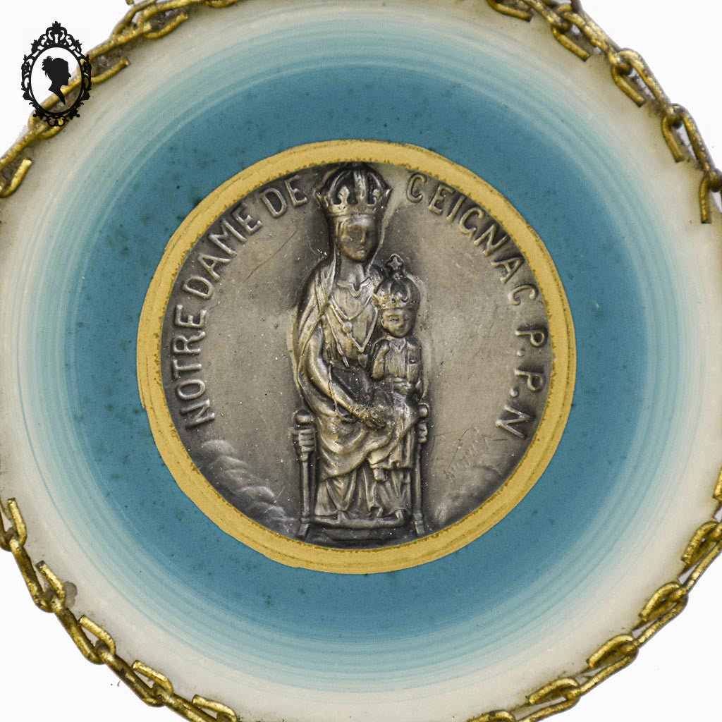 Tout petit cadre rond verre Notre Dame de Ceignac D 8,5 cm bleu vintage