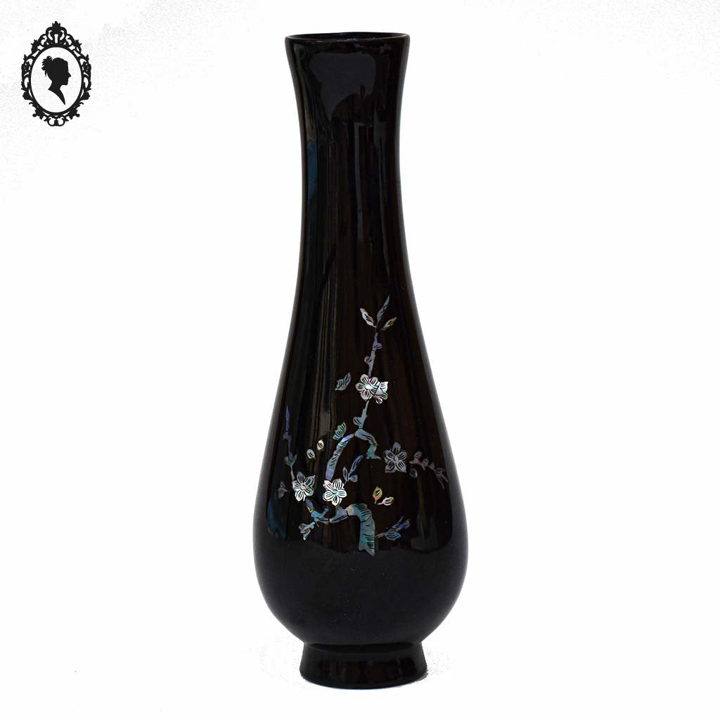 Vase oriental en bois noir laqué fleur cerisier en nacre
