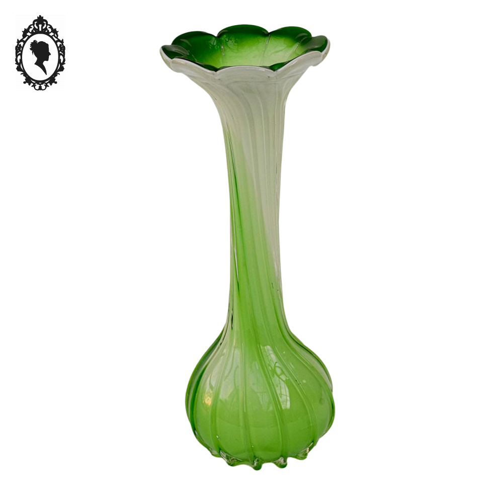 Vase soliflore forme fleur vert blanc verre style Murano