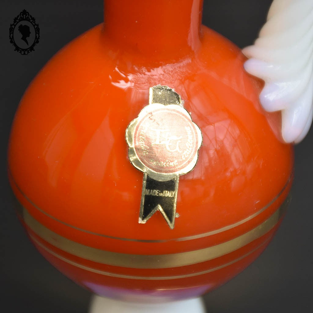 Vase soliflore sur pied anse opaline verre opalescent blanc et orange