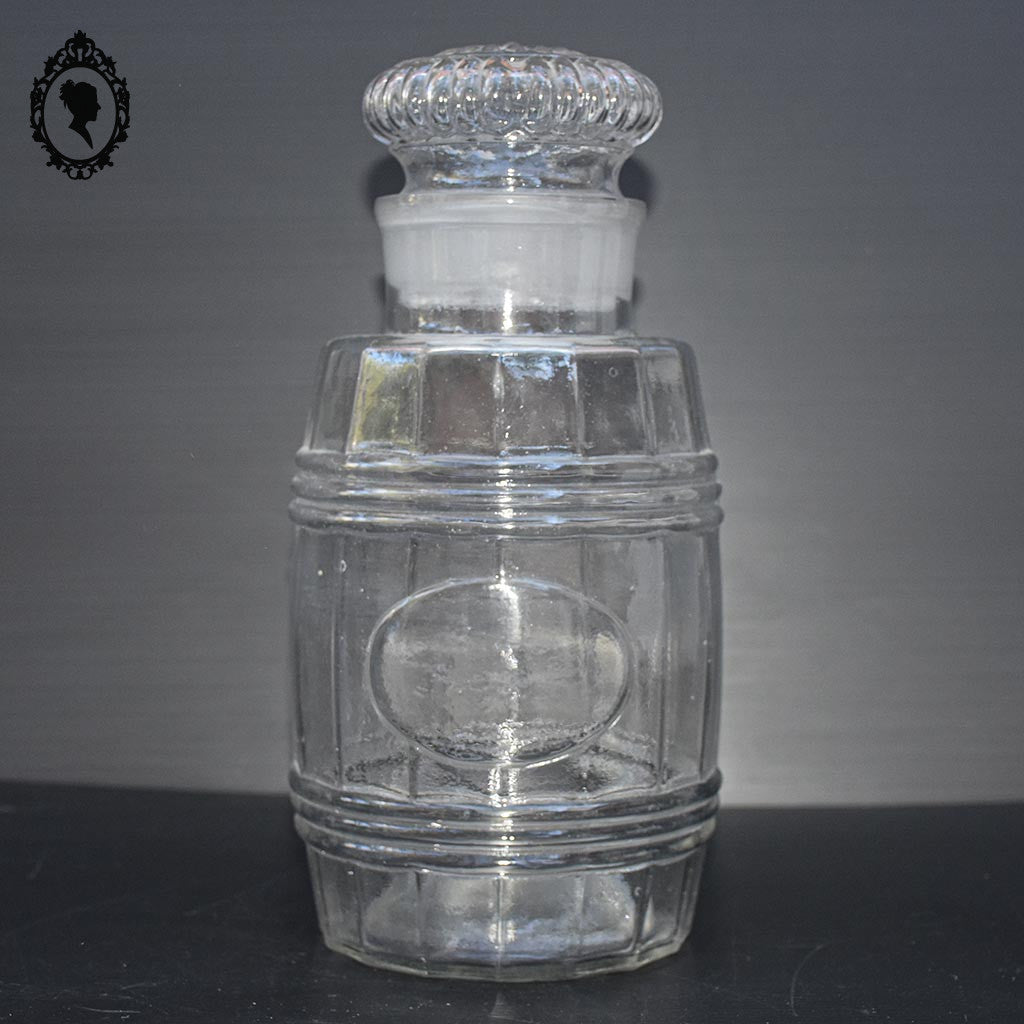 Pot en verre soufflé flacon Apothicaire pharmacie couvercle forme tonneau ancien