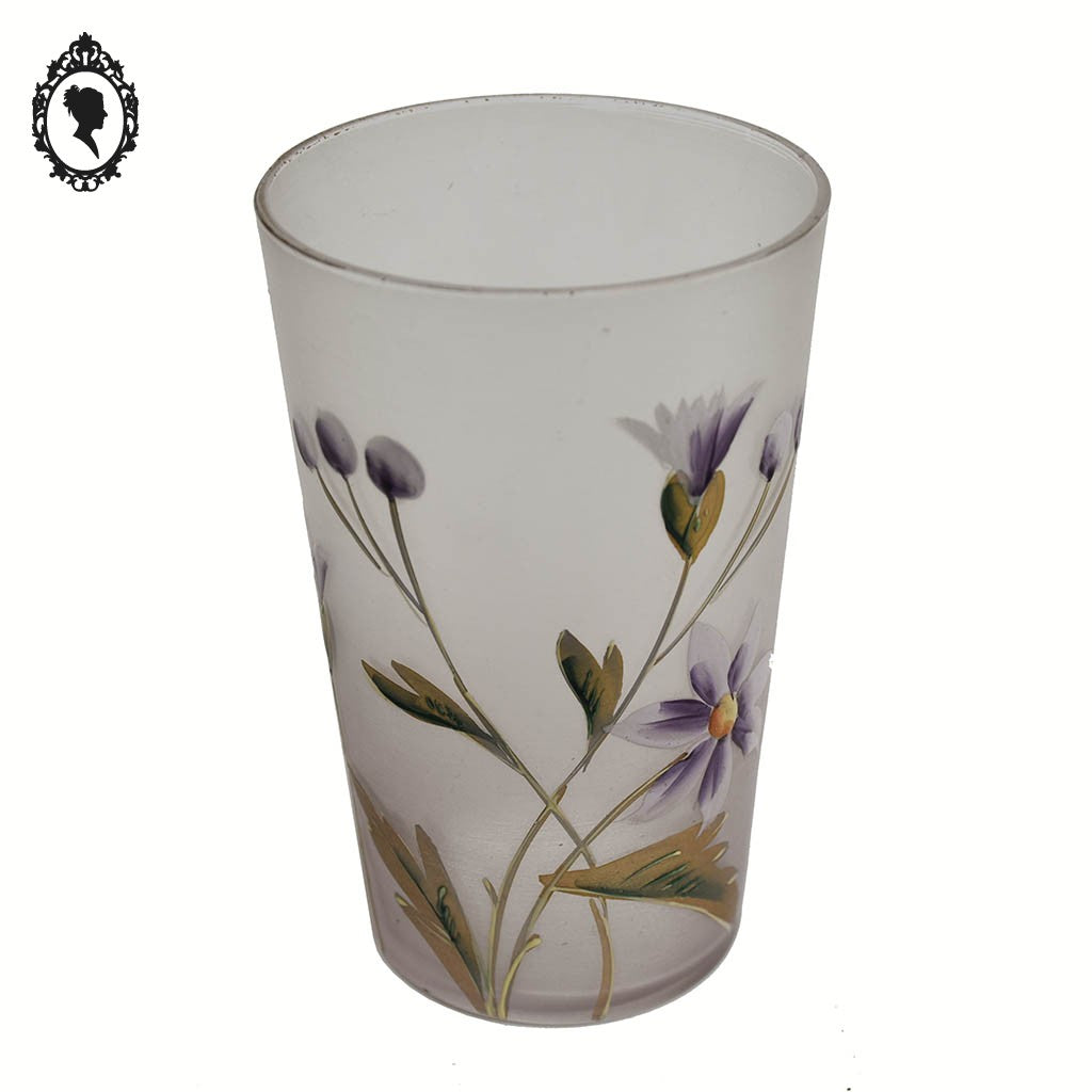 Très joli verre de collection violet parme décor fleuri émaillé ancien
