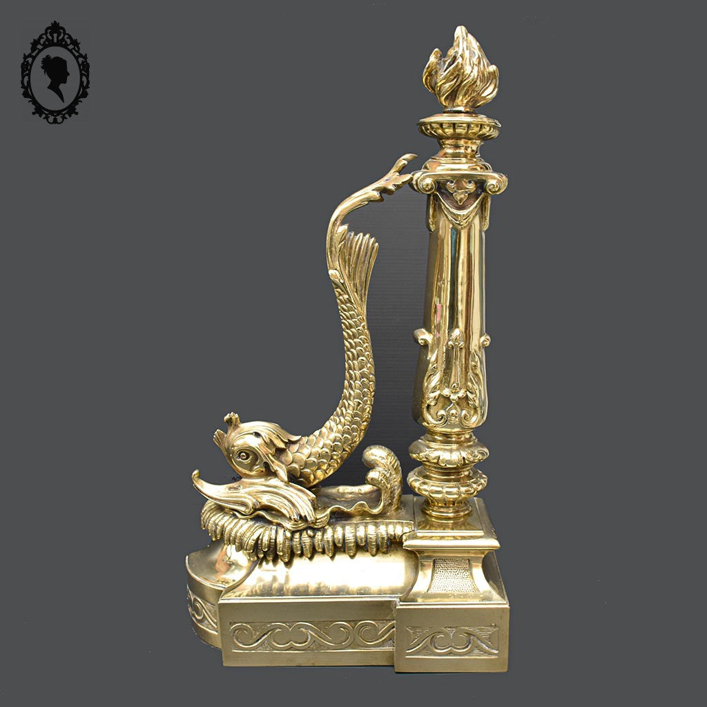 Élégant défenseur de cheminée chenets barre bronze doré chimère dauphin serpent de mer poisson ancien