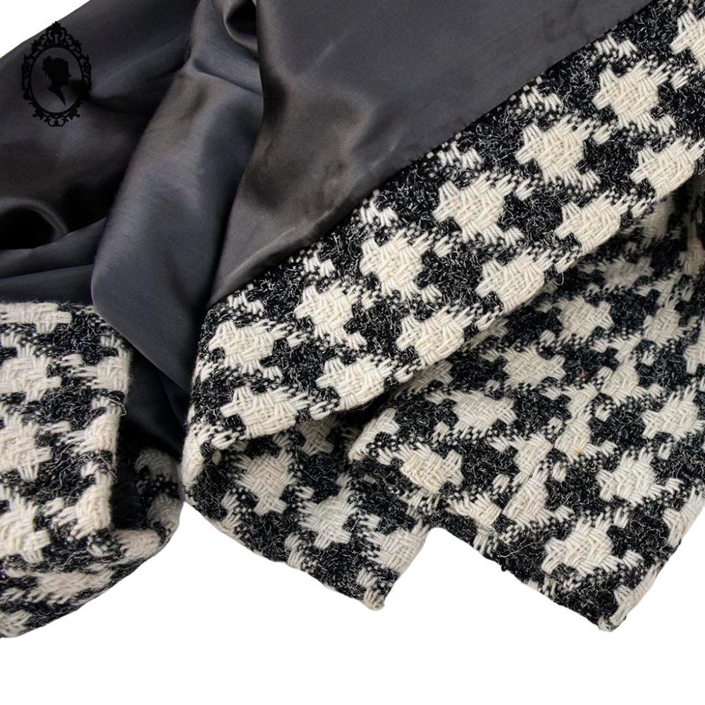 Manteau long femme laine pied-de-poule noir blanc col véritable fourrure T 52 54 vintage