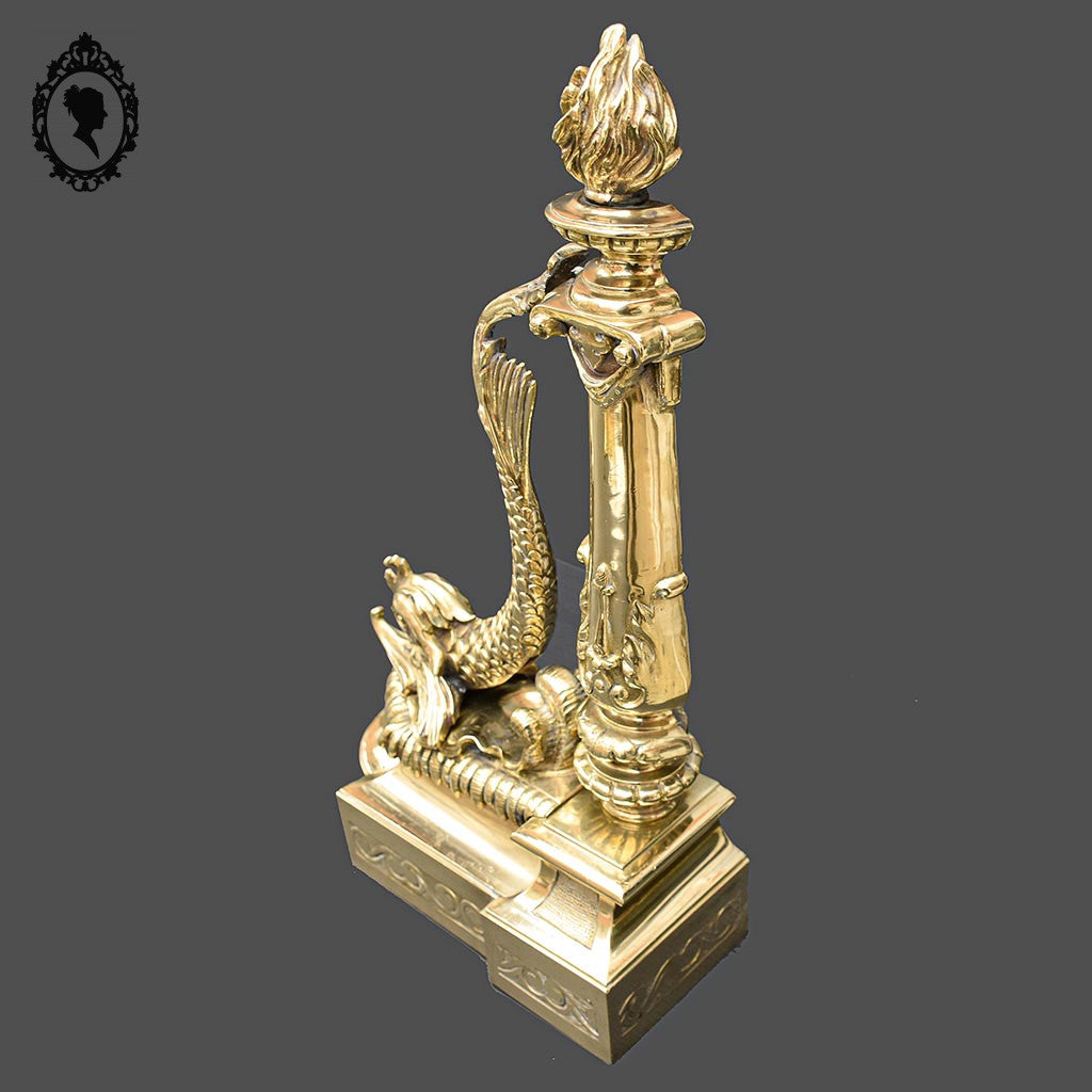 Élégant défenseur de cheminée chenets barre bronze doré chimère dauphin serpent de mer poisson ancien