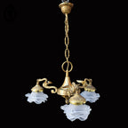 Lustre plafonnier bronze chimères 3 lumières 3 roses pâte de verre blanc doré ancien