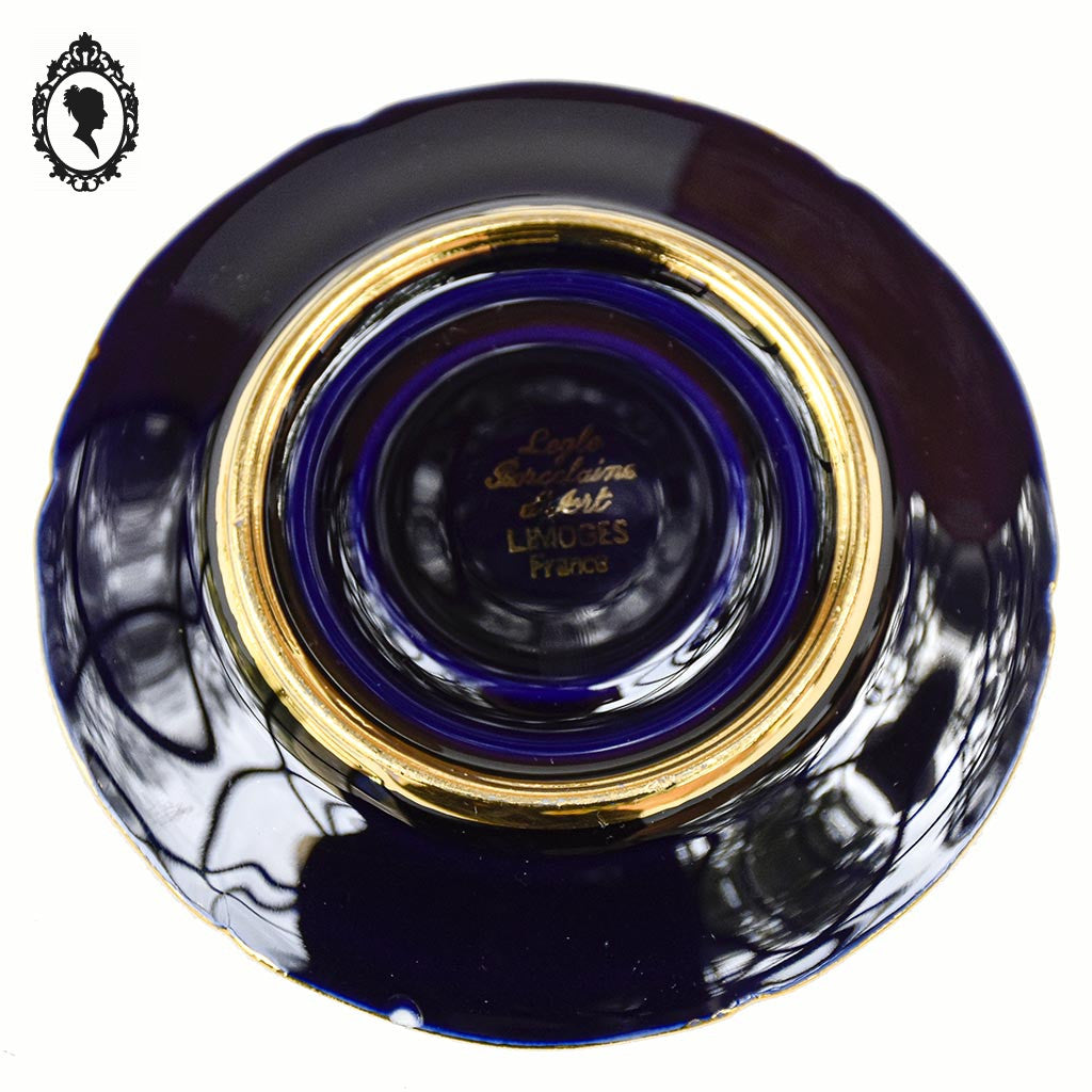 Service 12 tasses soucoupes porcelaine d’Art Legle Limoges France bleu or + cuillères