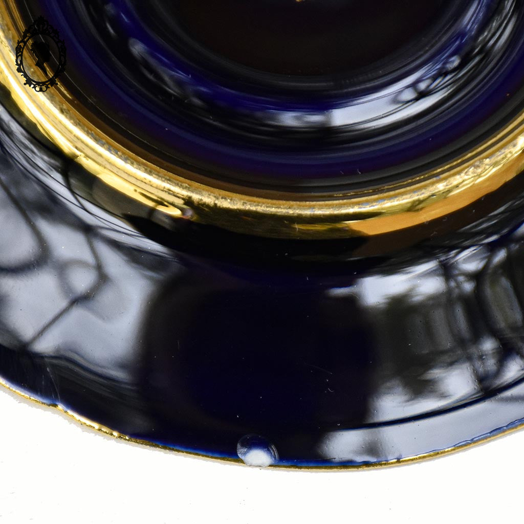 Service 12 tasses soucoupes porcelaine d’Art Legle Limoges France bleu or + cuillères