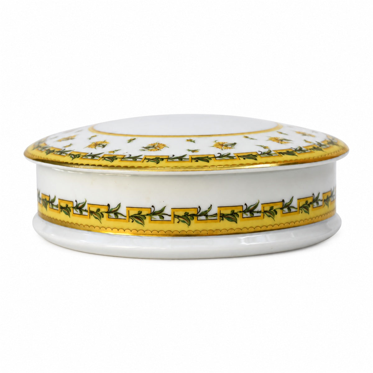 Boîte bonbonnière ronde en porcelaine Raynaud Limoges, fleurs jaunes or