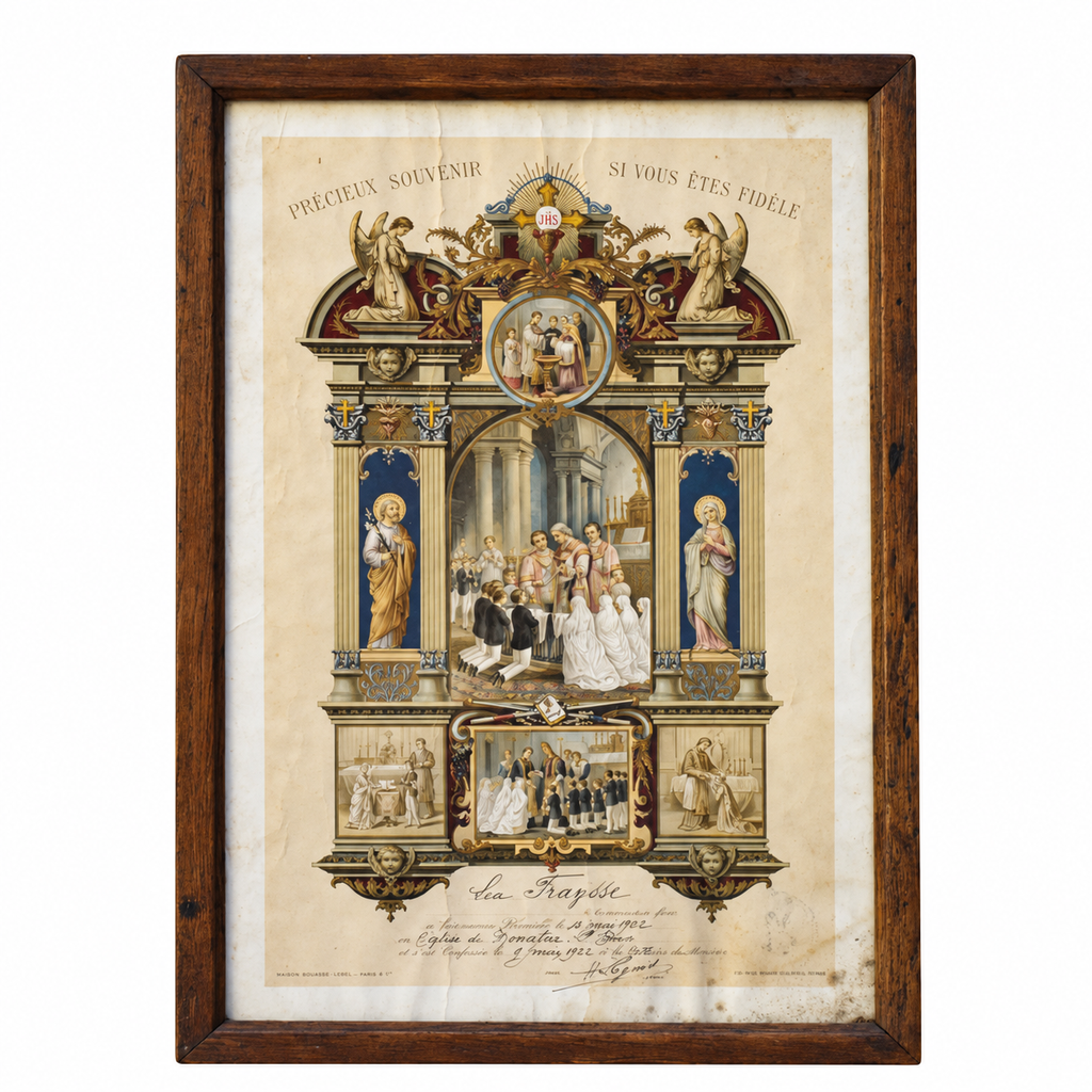 Cadre en bois avec un Souvenir certificat religieux de communion solennelle 1922 — Bouasse-Lebel