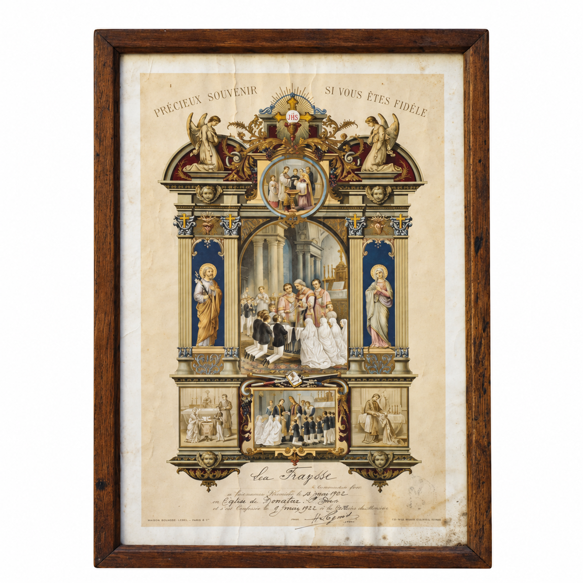Cadre en bois avec un Souvenir certificat religieux de communion solennelle 1922 — Bouasse-Lebel