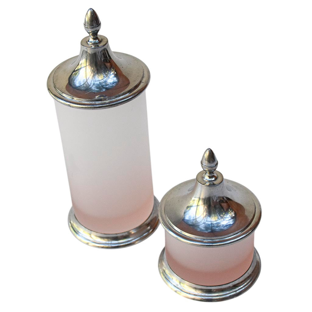 Duo de pots décoratifs bonbonnières verre mat rosé avec couvercle en étain vintage