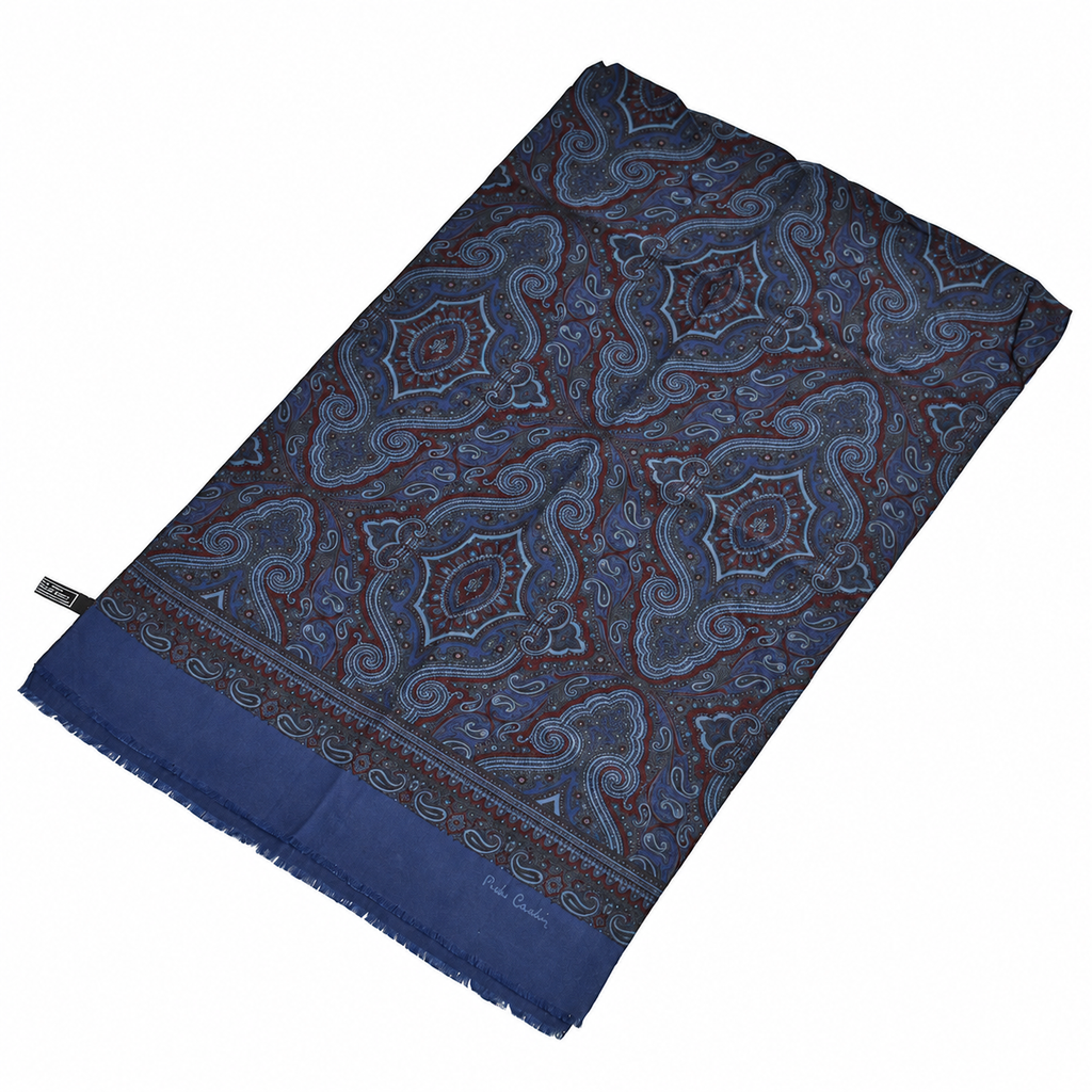 Foulard Pierre Cardin 100 % soie bleu marine à motifs cachemire Made in Italy