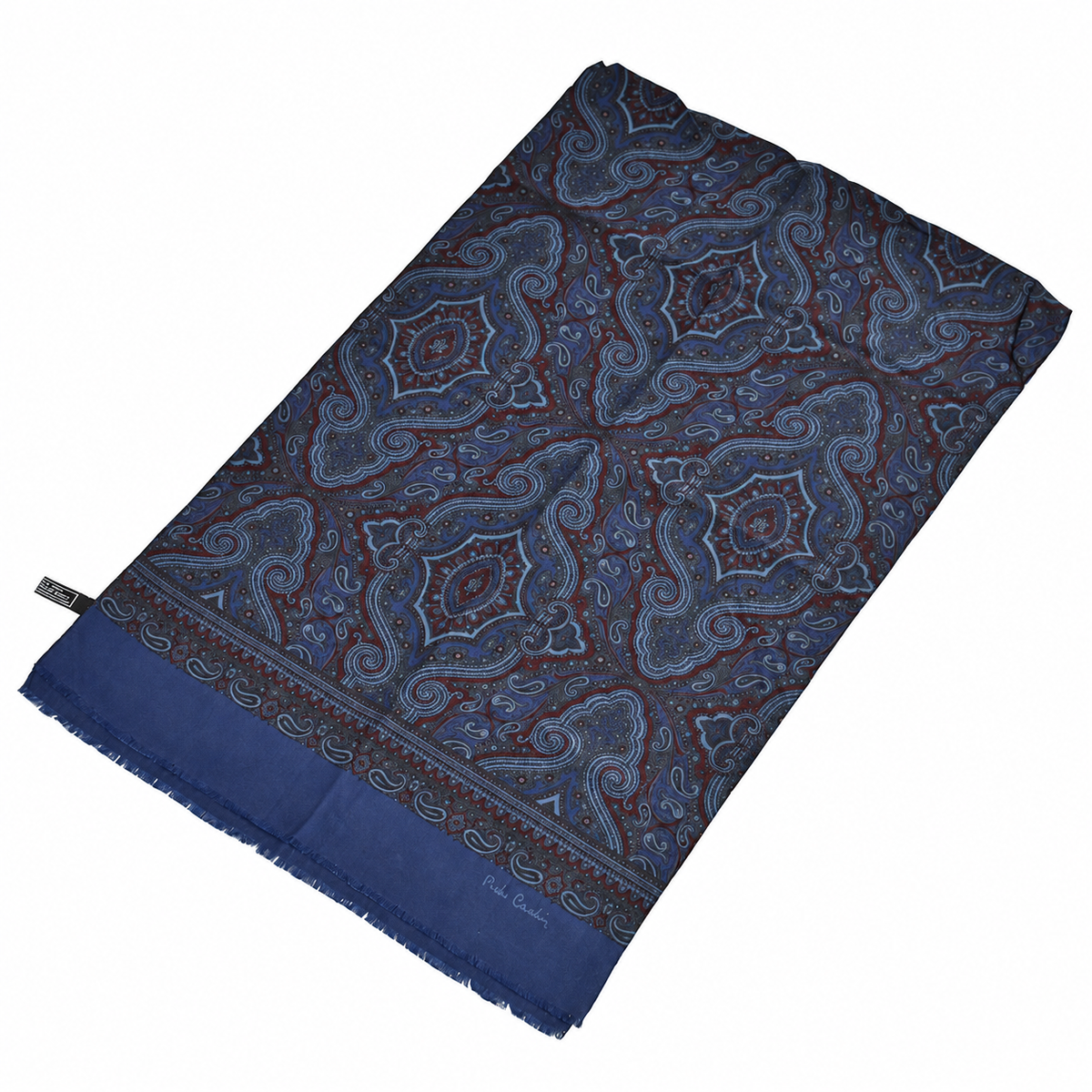 Foulard Pierre Cardin 100 % soie bleu marine à motifs cachemire Made in Italy