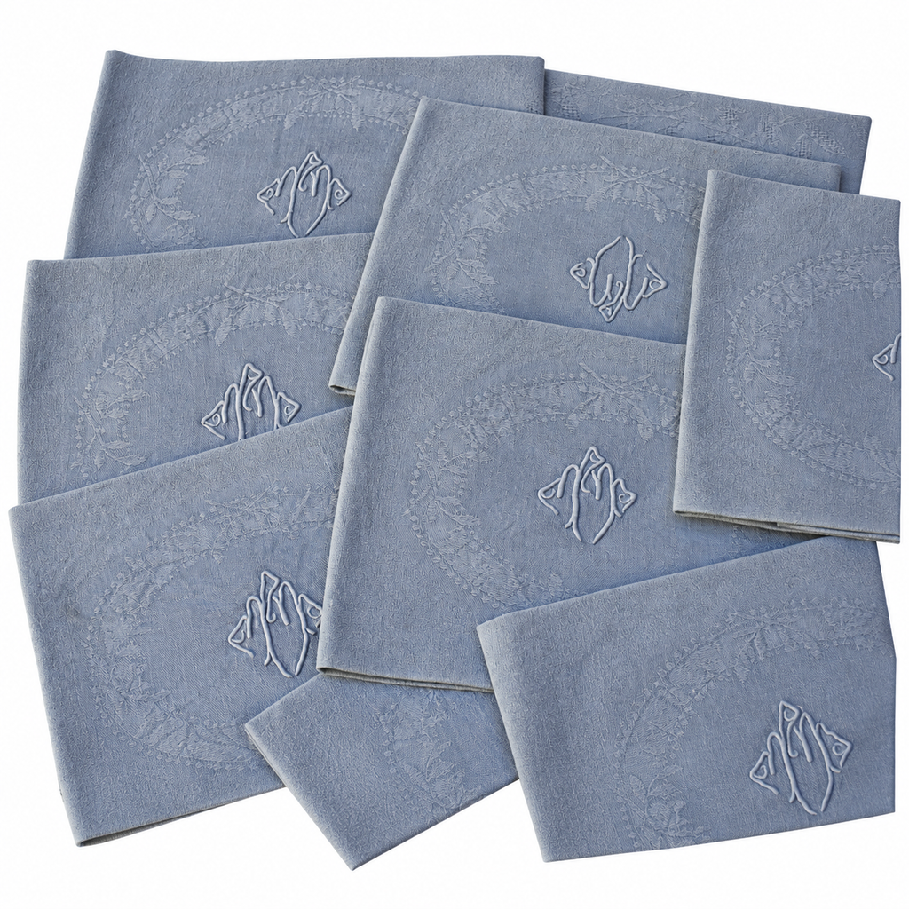 Lot de 12 grandes serviettes anciennes damassées teintes grise bleuté, monogramme brodé – 60 × 75 cm