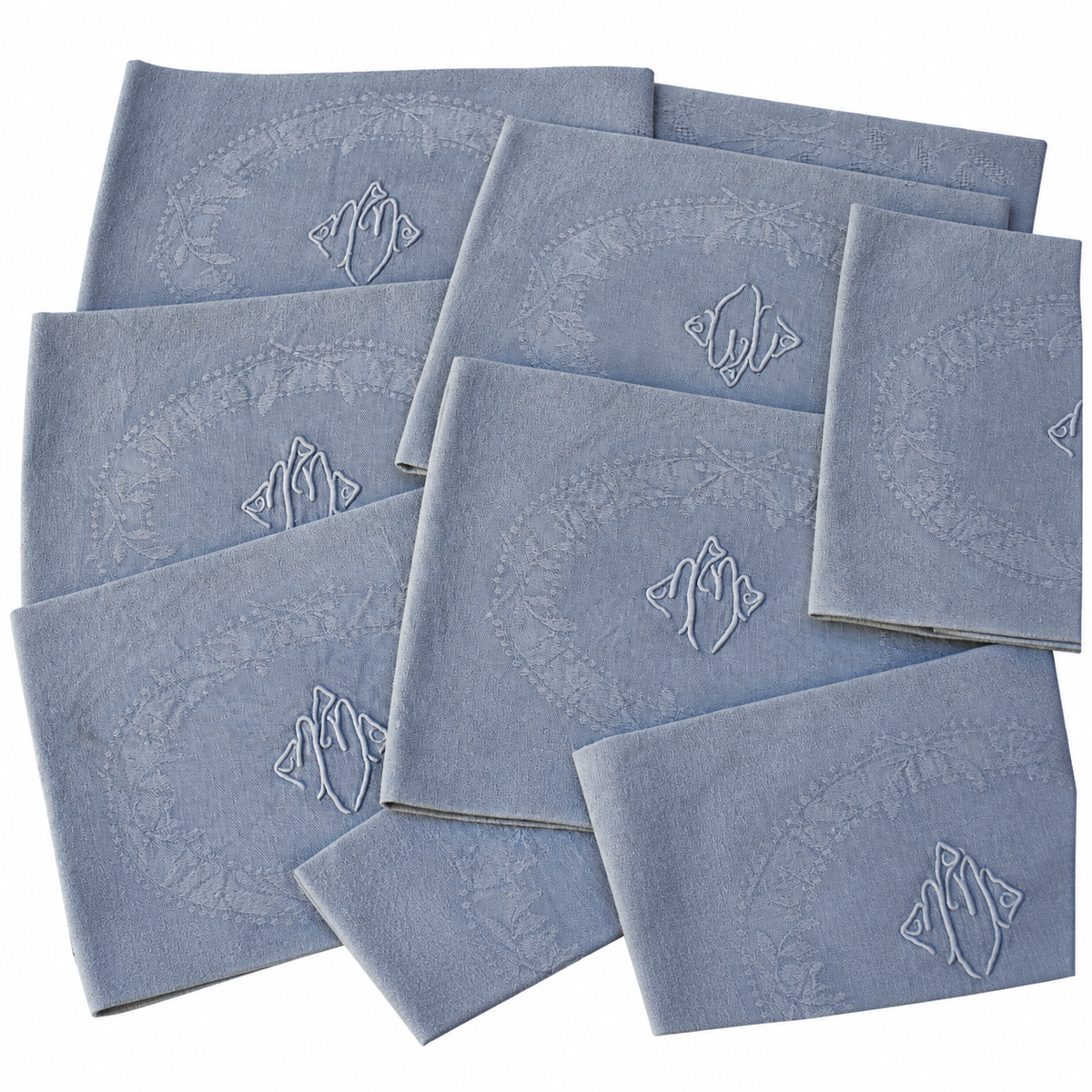 Lot de 12 grandes serviettes anciennes damassées teintes grise bleuté, monogramme brodé – 60 × 75 cm