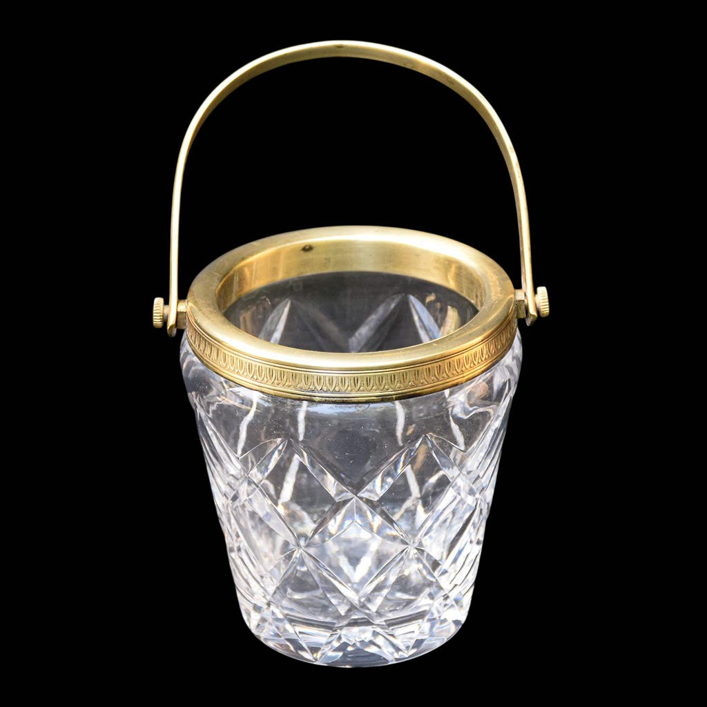 Petit seau à glaçons vintage en cristal ciselé et laiton doré avec anse
