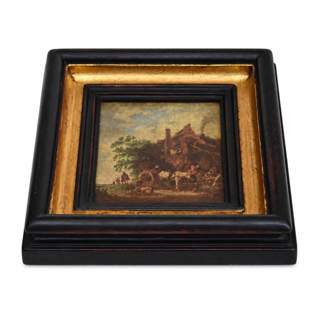 Petit tableau scène d’auberge – Cadre noir et doré bois vintage, style Napoléon III