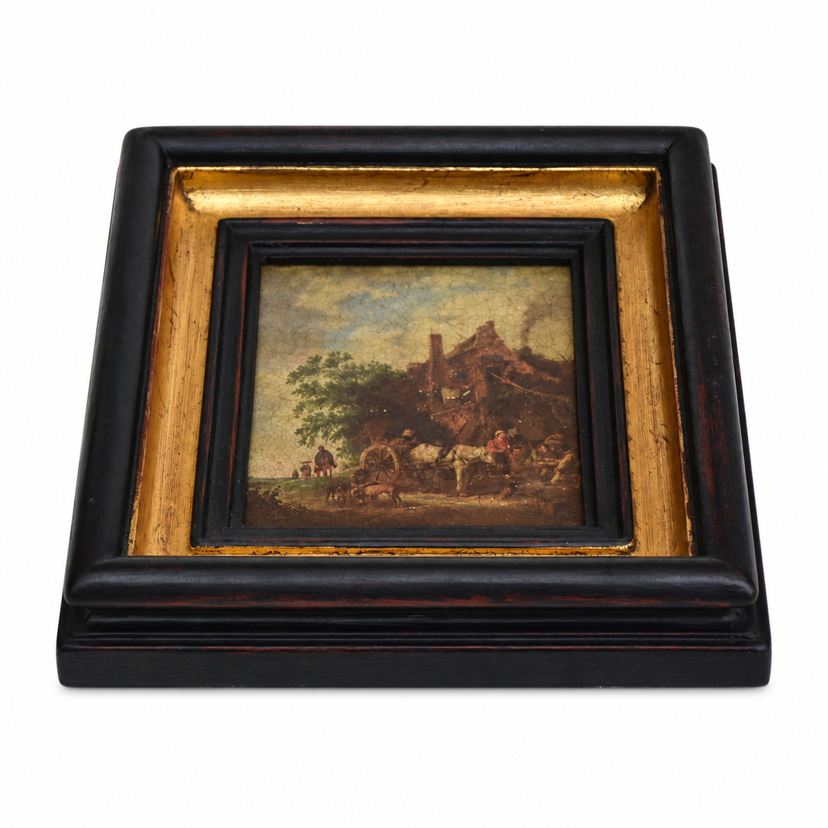 Petit tableau scène d’auberge – Cadre noir et doré bois vintage, style Napoléon III