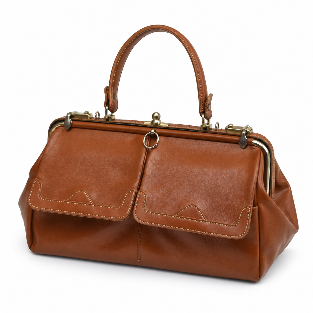 Sac à main vintage en cuir cognac à fermoir métallique et poches frontales