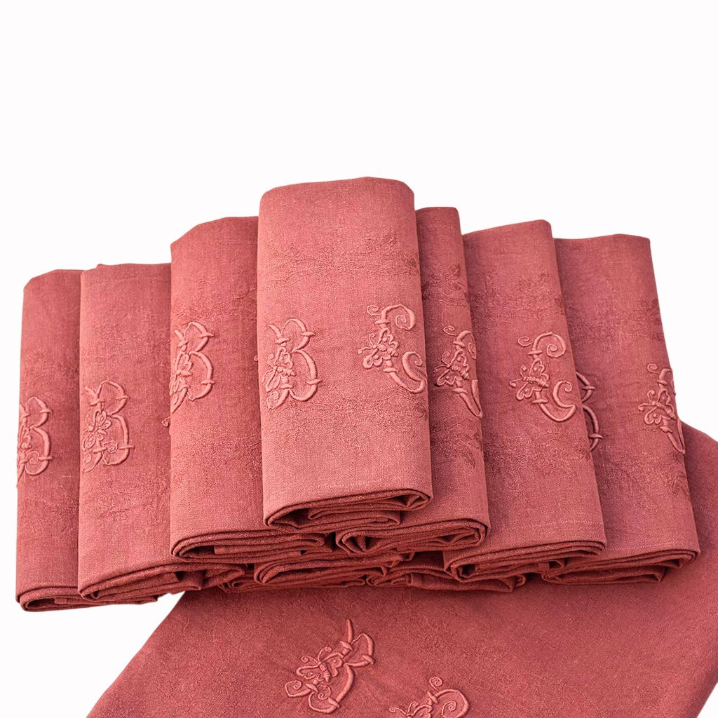 Service de table ancien damassé terracotta – Nappe et 10 serviettes monogrammes BG coton et lin
