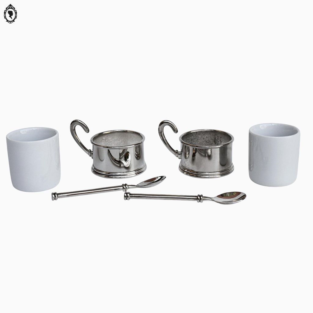 2 Tasses à café porcelaine avec support métal et cuillères vintages