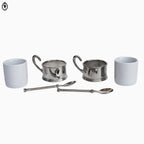 2 Tasses à café porcelaine avec support métal et cuillères vintages