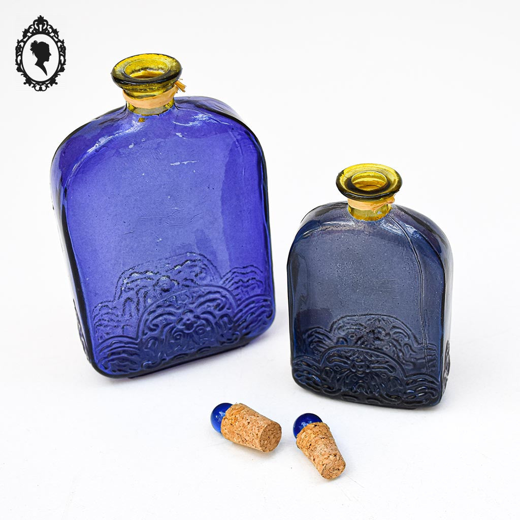 2 bouteilles flacons bleus décoratifs vides bouchon liège