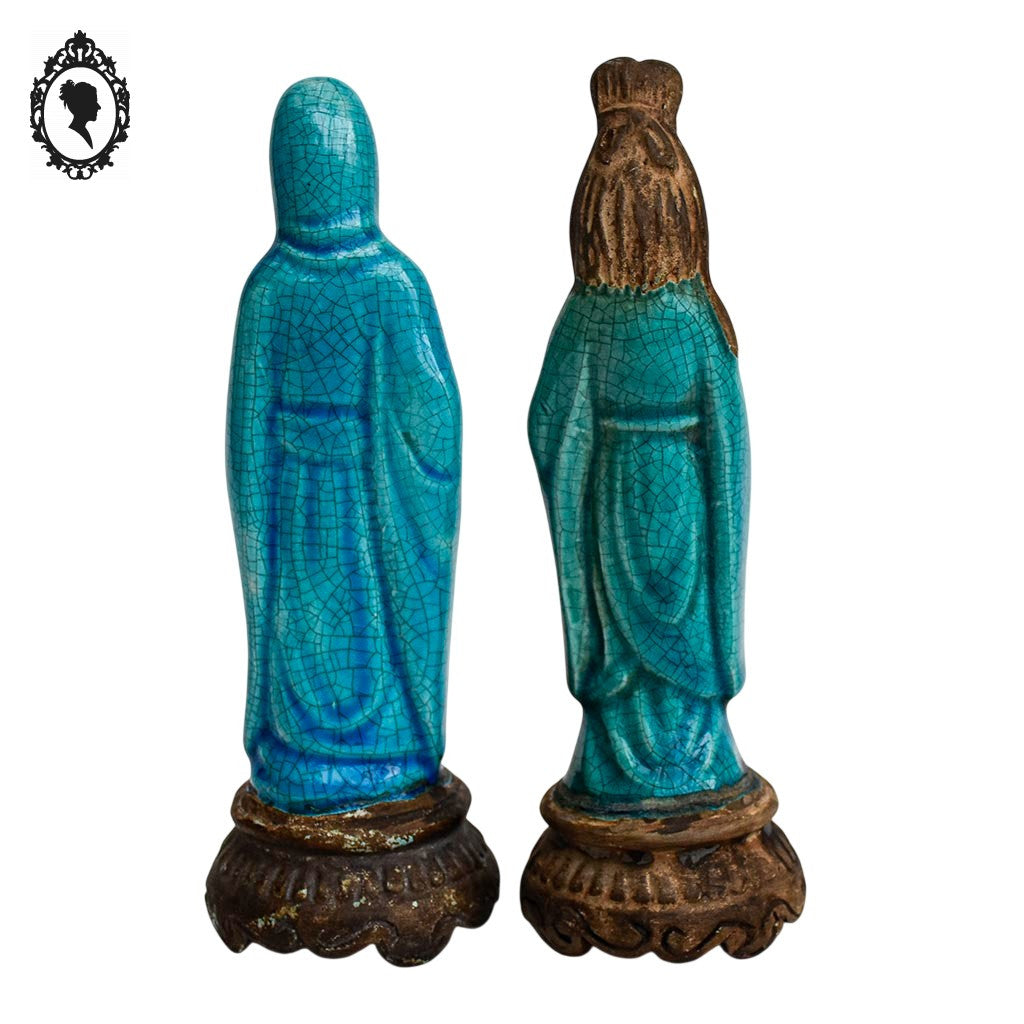 Paire de statues asiatiques Vietnam d’un couple en grès vernissé bleue milieu XX
