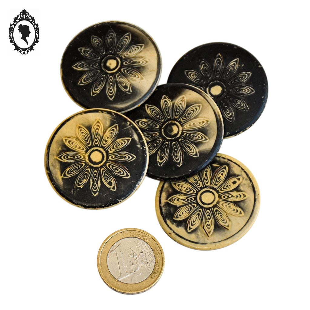 5 boutons fer anciens noir fleur beige ronds à queues collection D 3,5 cm