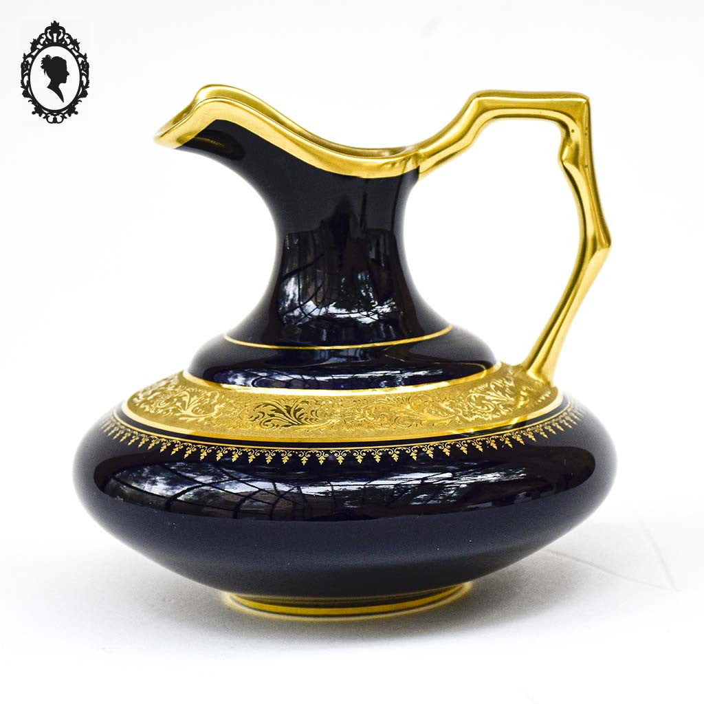Aiguière saucière vase pot en porcelaine de Limoges bleu cobalt doré