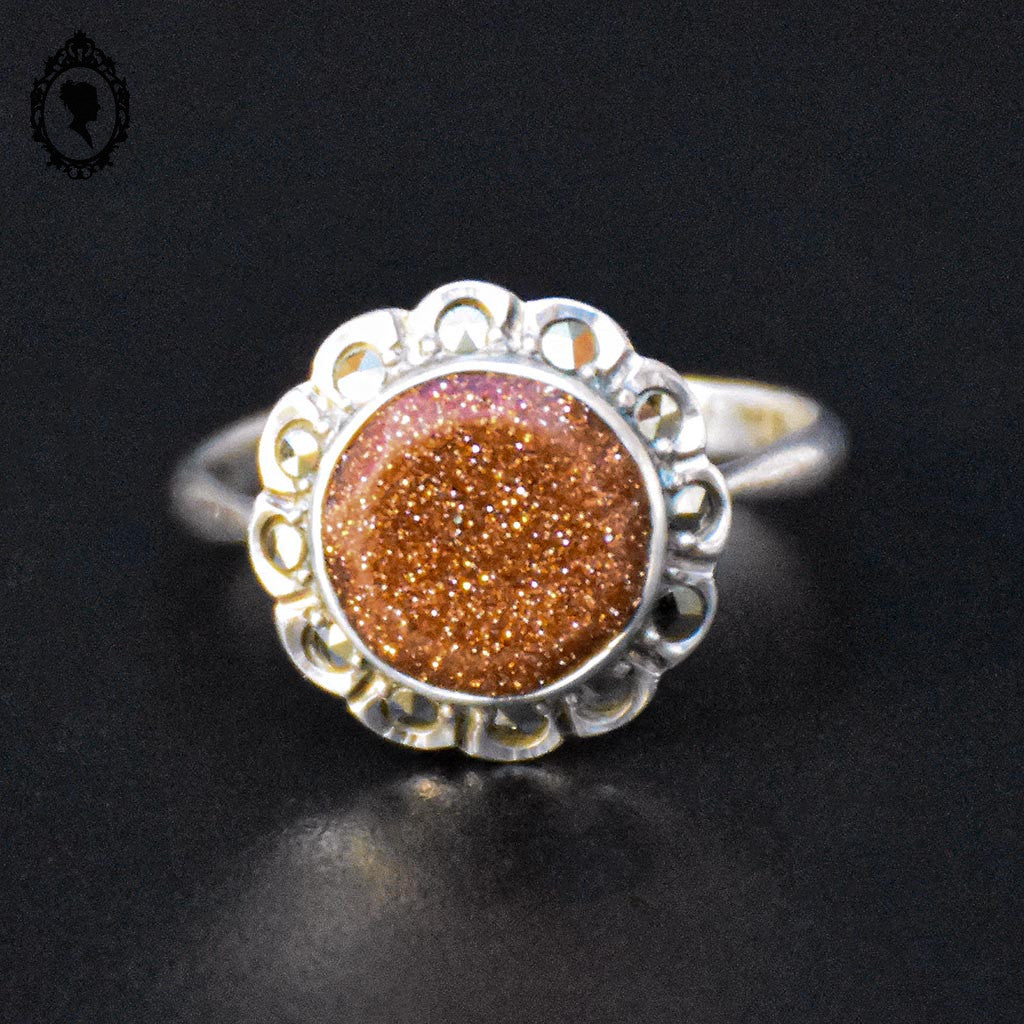 Bague argent pierre orange gold stone marcassites T 54 ancienne vintage