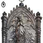 Bénitier en métal régule gris vierge Marie Lourdes vintage ancien