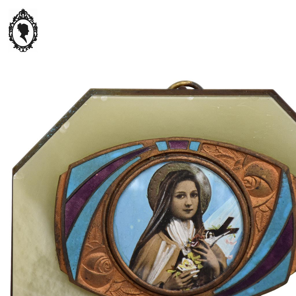 Bénitier mural Sainte Bernadette marbre onyx vert art déco ancien