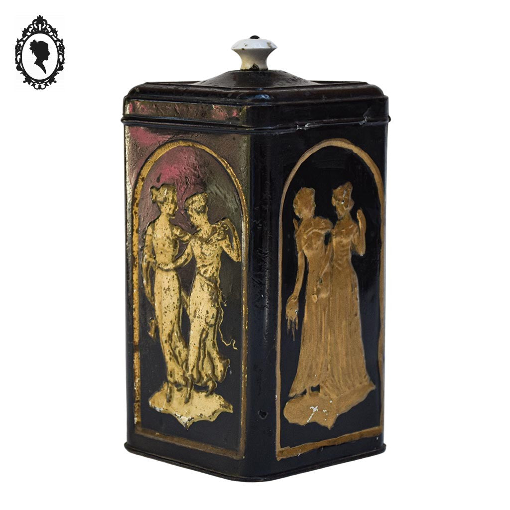 Boite ancienne à biscuits ou autre en fer art déco Art nouveau noir doré poignée porcelaine collection