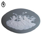 Bonbonnière ancienne boîte porcelaine biscuit vert tendre gris blanche anges