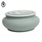 Bonbonnière ancienne ronde boîte porcelaine biscuit vert tendre blanche fées