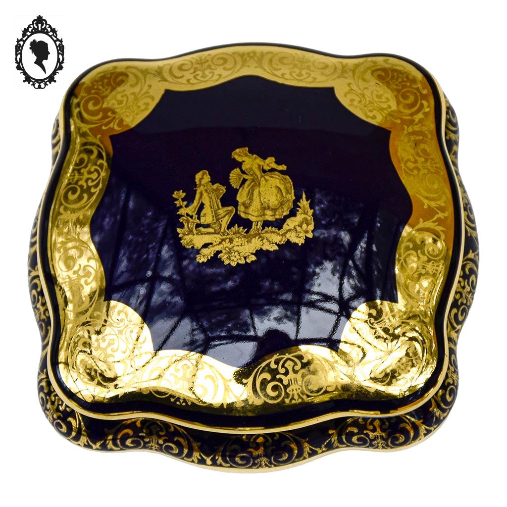 Bonbonnière boite à bijoux bleu de four doré or porcelaine Limoges