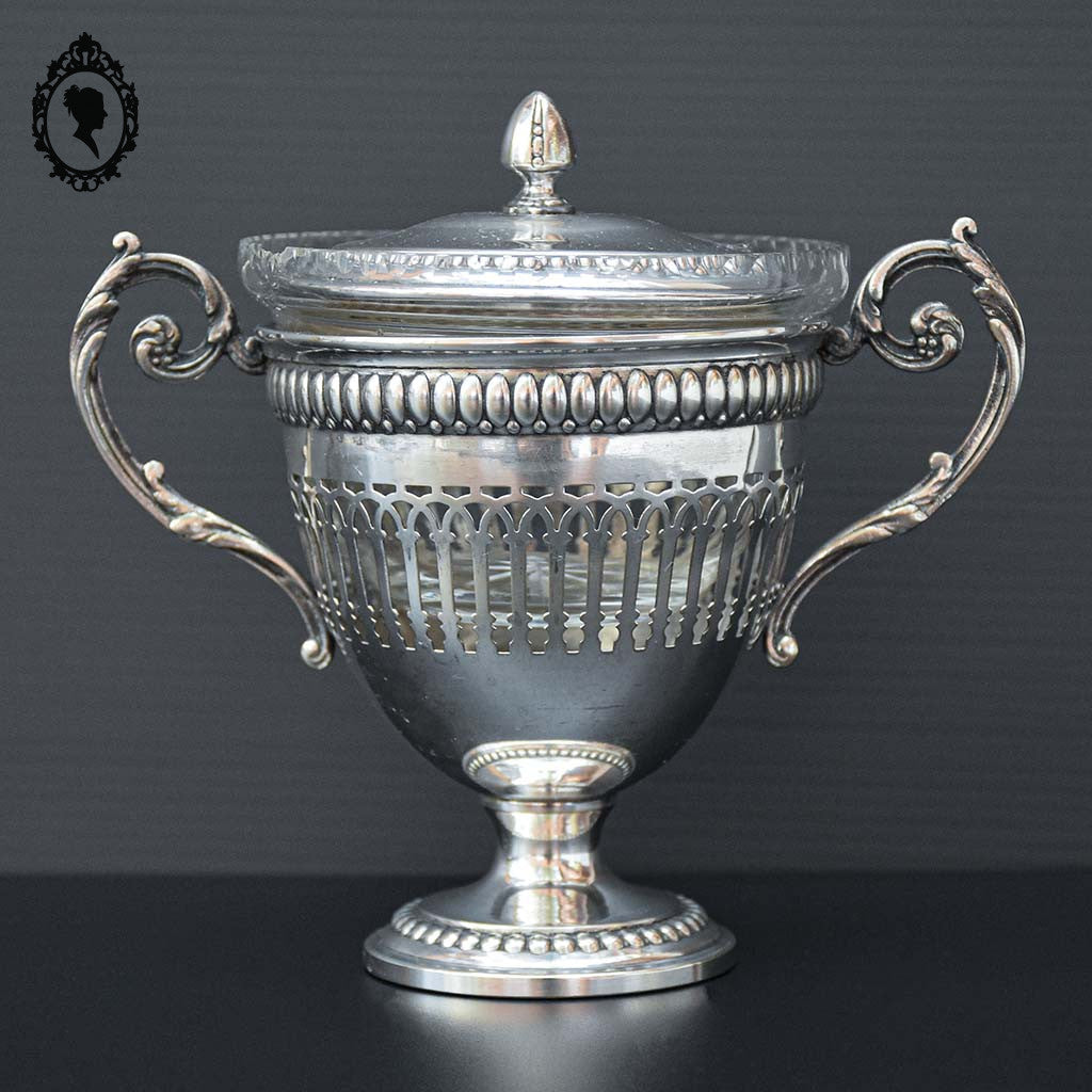 Bonbonnière drageoir sucrier piédouche en métal argenté et cristal ancien